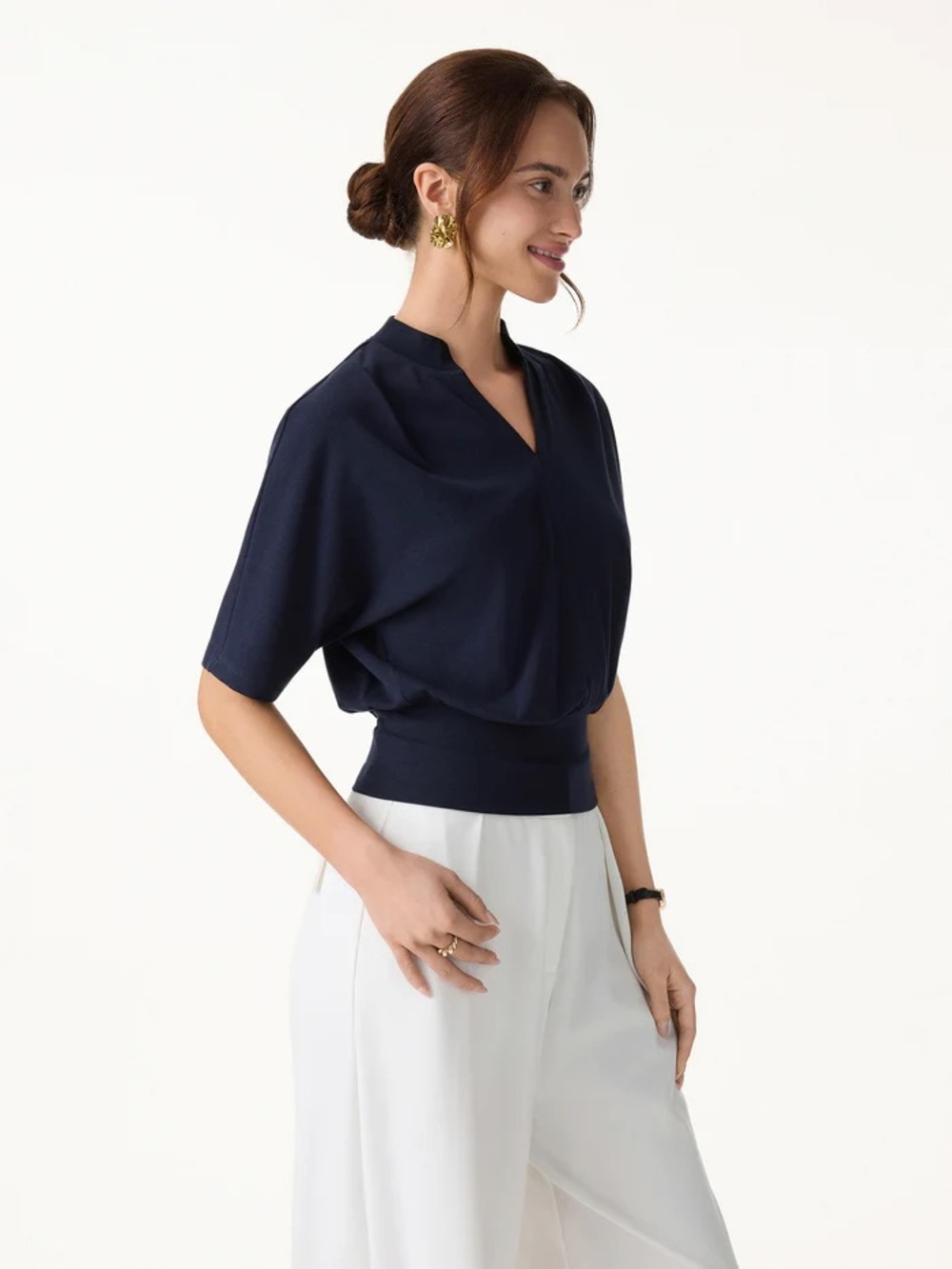 NWT OGL Stand Collar V-Neck Short Sleeve Top IN NAVY - Picture 4 of 5